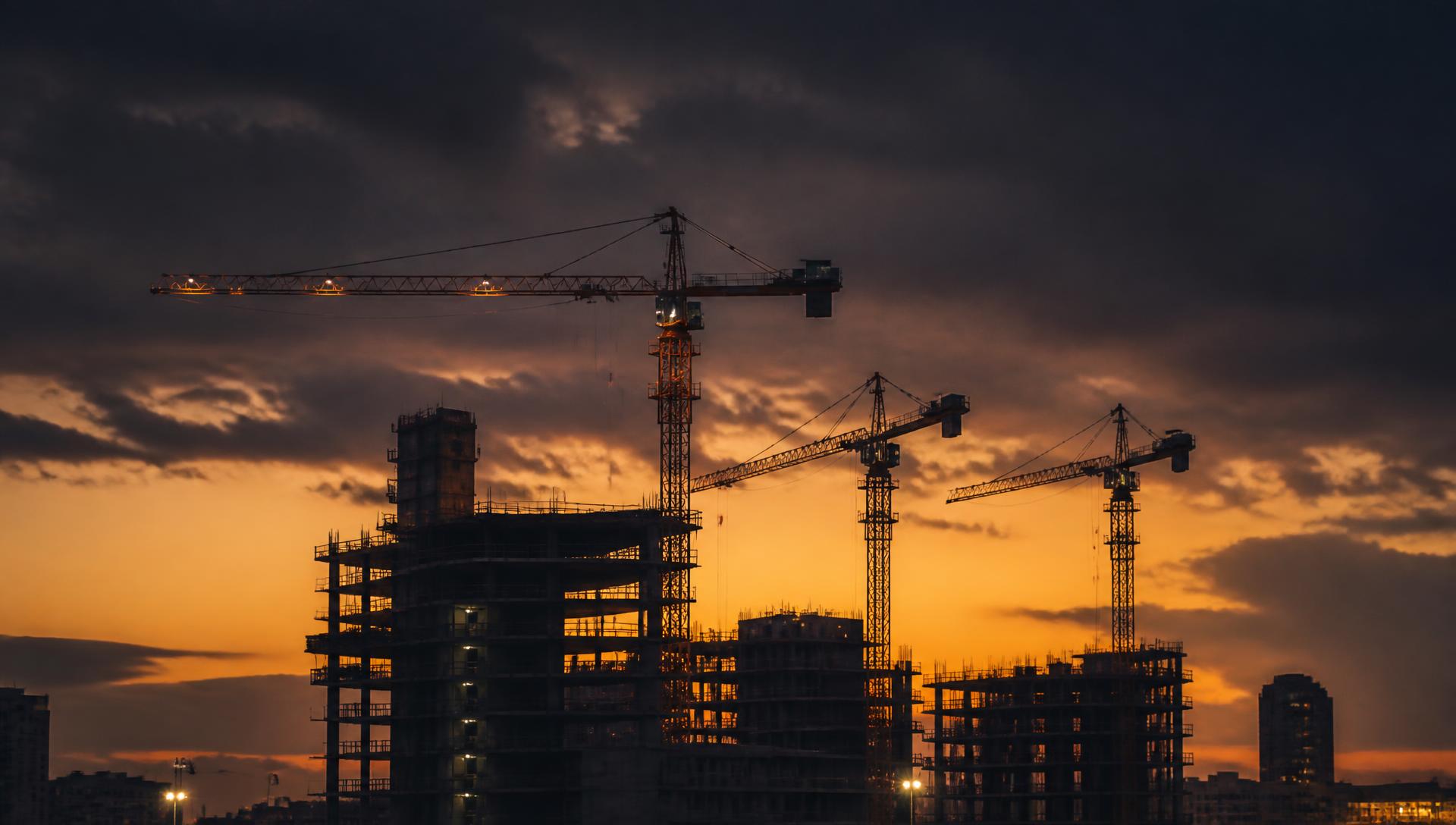 Construction cranes silhouetted against a dark dusk skyline