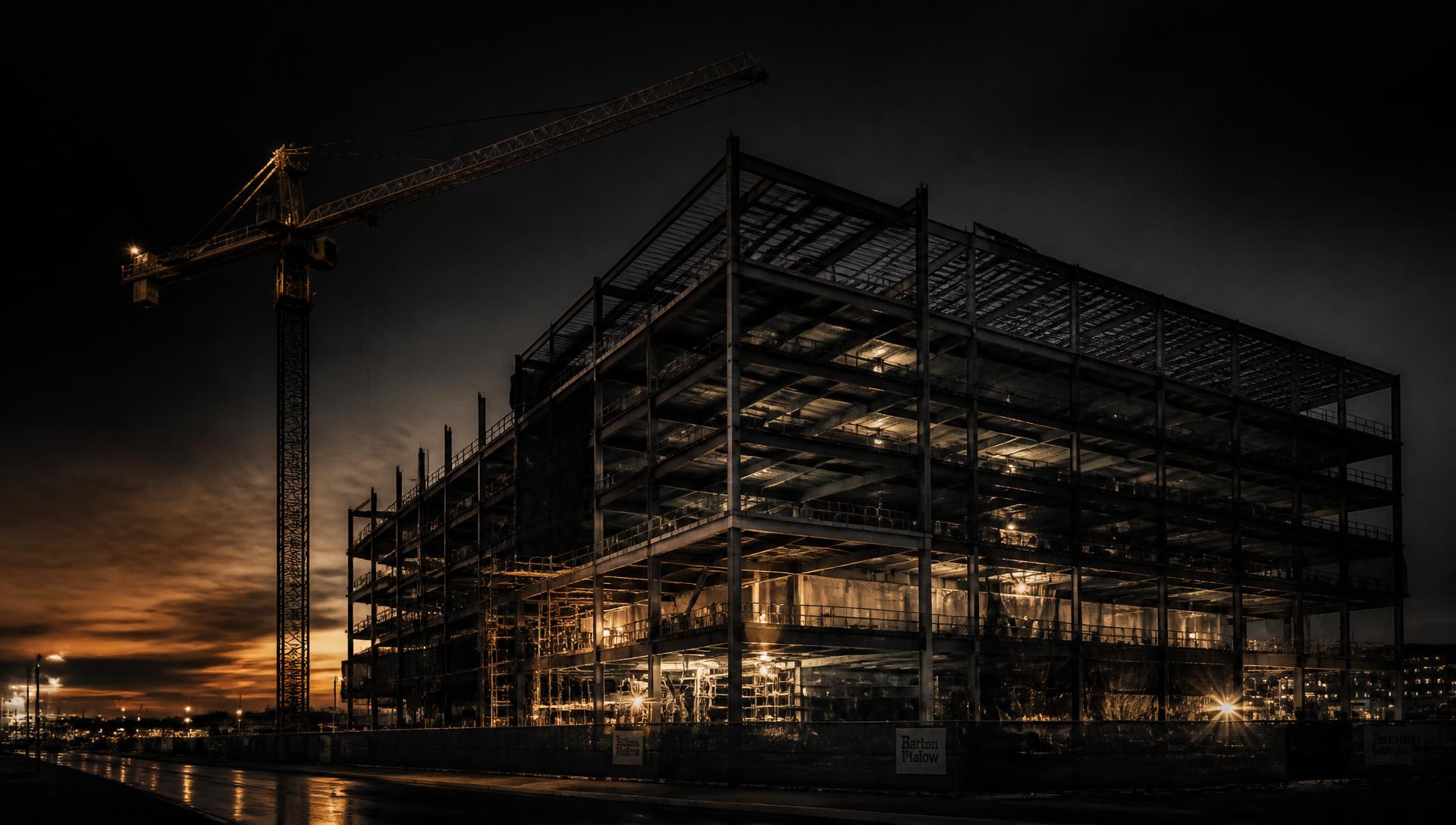 Steel structural frame of a commercial building under construction at dusk