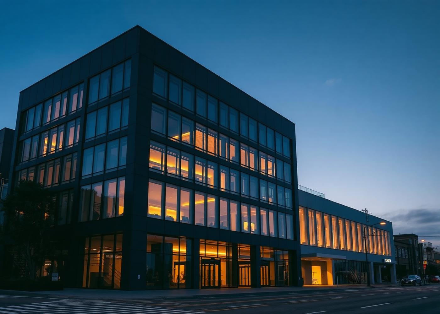 Completed modern commercial building at blue hour