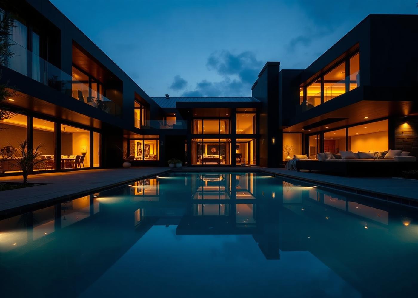 Modern luxury residence at night with pool reflection