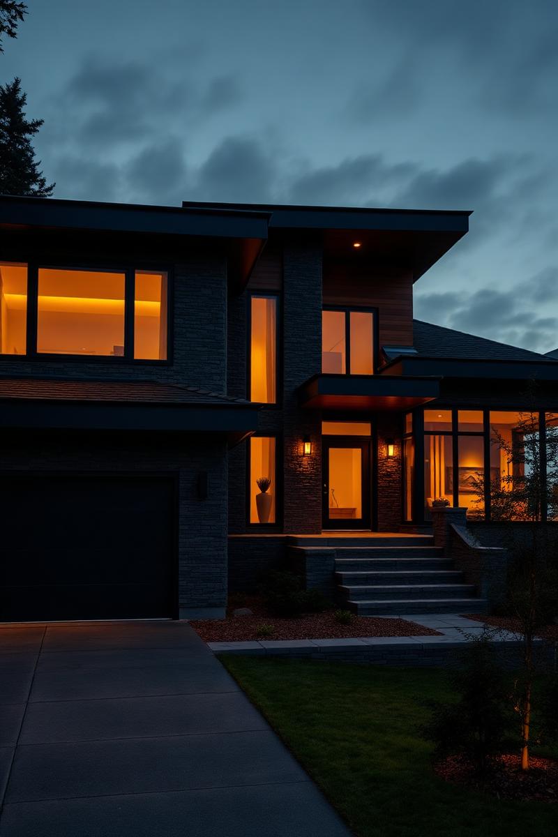 Luxury modern residence exterior at dusk