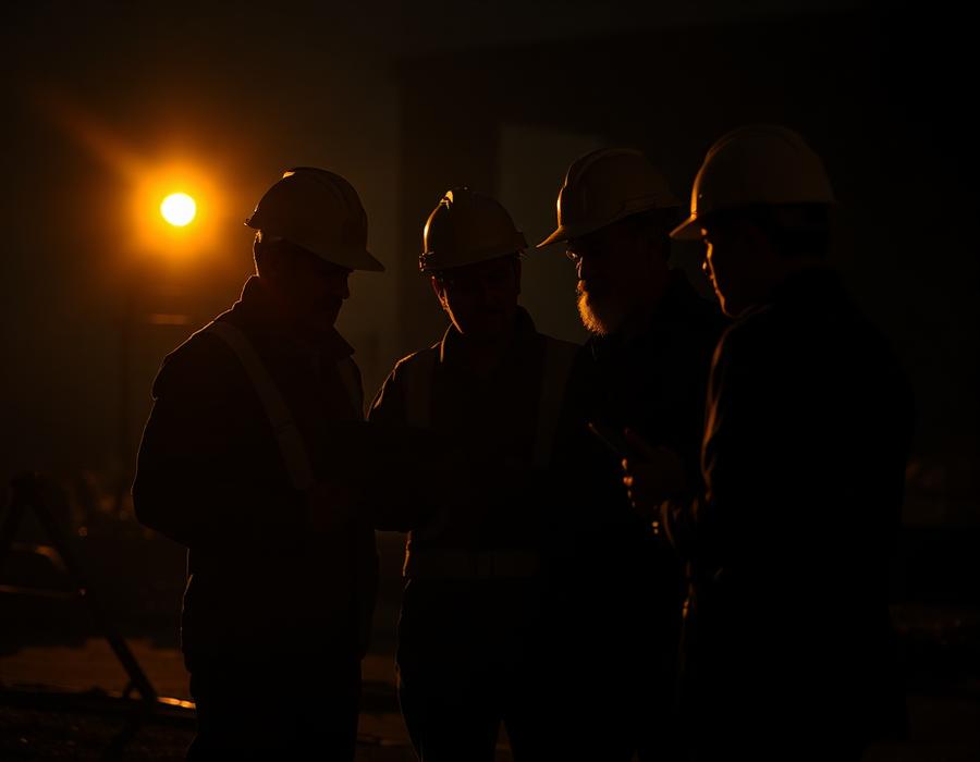 Construction crew reviewing plans on site